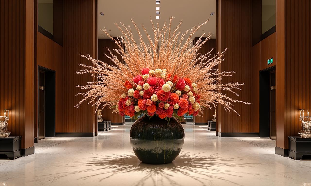 A grand Ikebana arrangement adorning a luxurious hotel lobby.